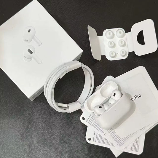 auriculares inalámbricos pro 2 en caja con accesorios y cable, mostrando diseño moderno y elegante.